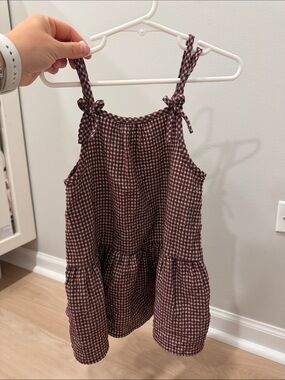 Zara Girls' Burgundy Gingham Tie-Shoulder Dress